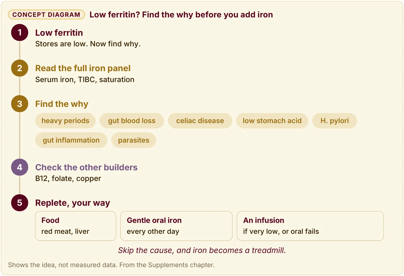 5 steps for low ferritin: confirm stores are low, read the full iron panel, find the why, check other builders, then replete.
