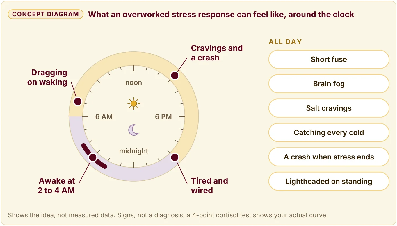 A 24-hour clock of signs of an overworked stress response, such as dragging on waking, tired and wired, and awake at 2 to 4 AM.