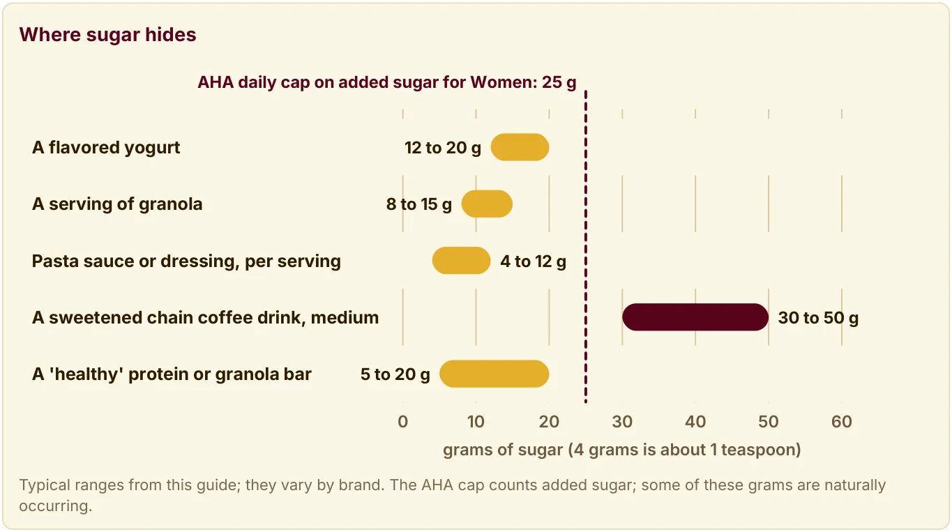 Bar chart of grams of sugar in common foods, from yogurt and granola to a chain coffee drink, against the AHA daily cap of 25 g.