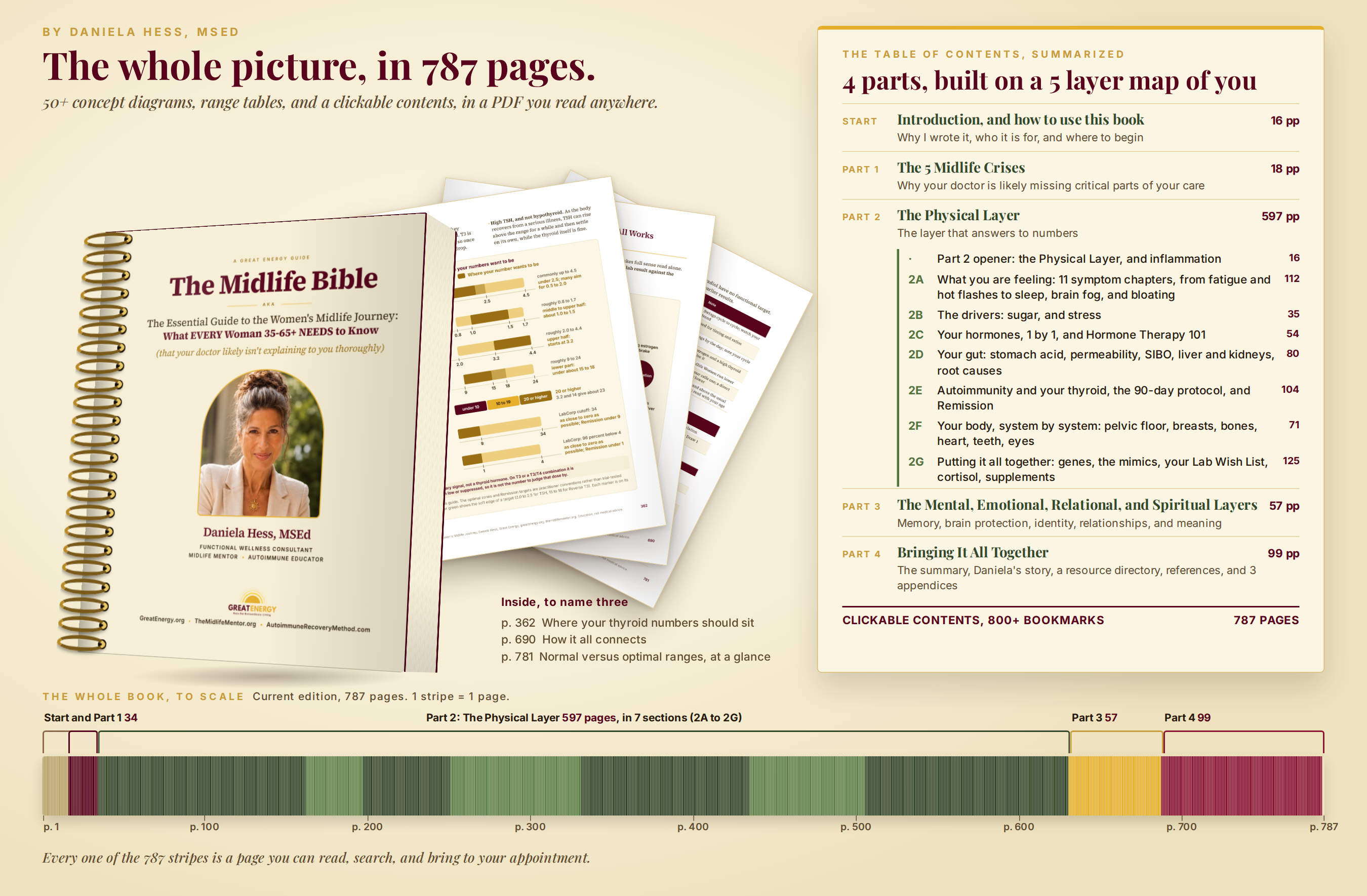 The whole picture, in 787 pages. The Midlife Bible laid out by part: Start (16 pages), Part 1 The 5 Midlife Crises (18), Part 2 The Physical Layer (597, in sections 2A to 2G), Part 3 The Mental, Emotional, Relational, and Spiritual Layers (57), and Part 4 Bringing It All Together (99), with a page-by-page map drawn to scale.