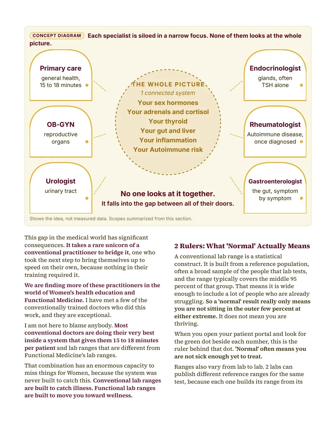 A page from The Midlife Bible: a concept diagram showing 6 specialists, each looking at one narrow slice, and none looking at the whole picture