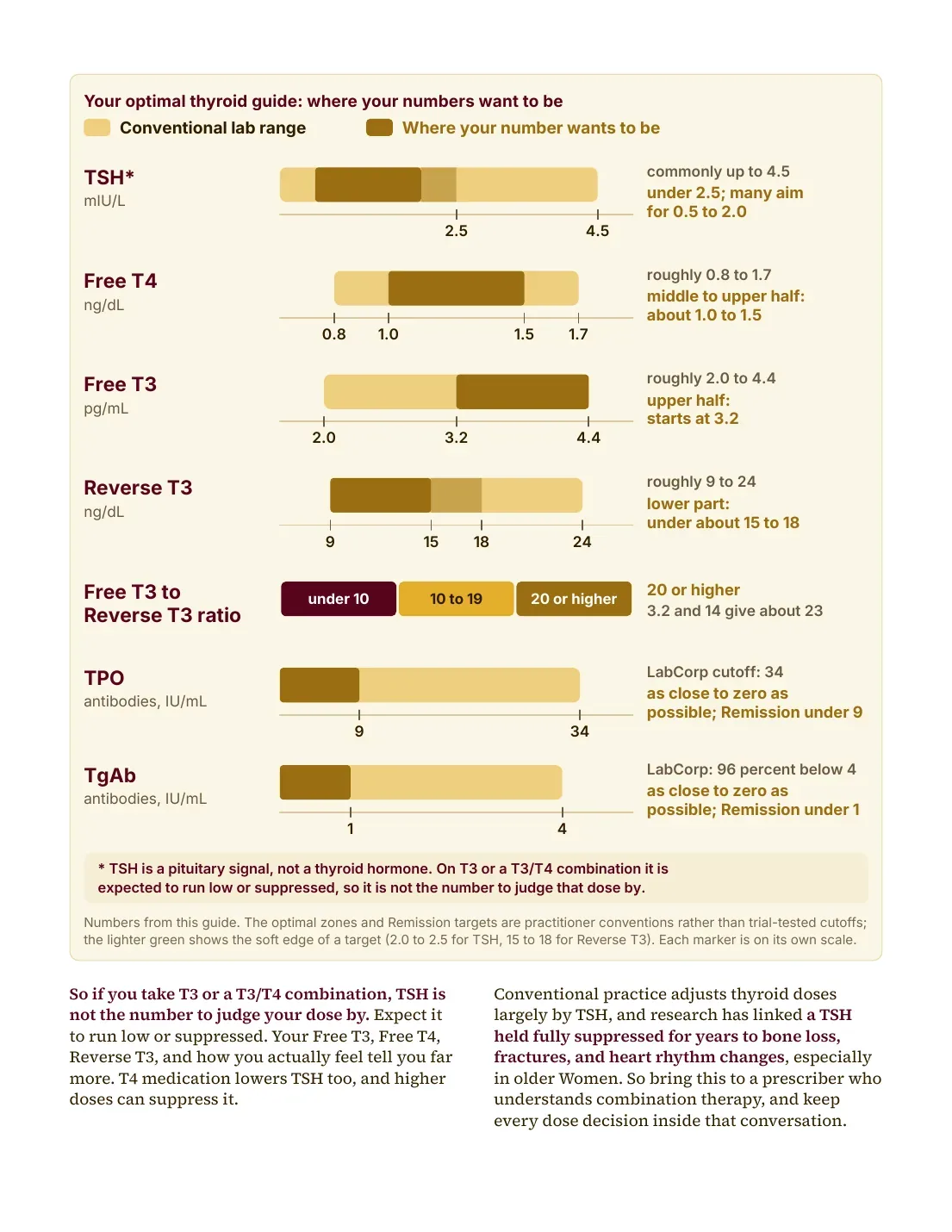 A page from The Midlife Bible: your optimal thyroid guide, with bars showing the conventional range and where each number wants to be for TSH, Free T4, Free T3, Reverse T3, TPO and TgAb