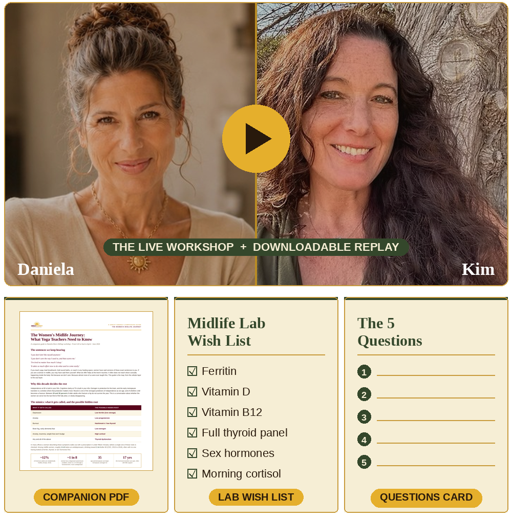 What you receive: the workshop video with Daniela and Kim, the full transcript, summary notes, the companion PDF, the Midlife Lab Wish List, and the 5 Questions Card